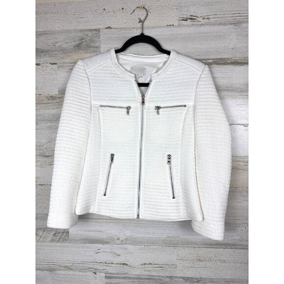 JOIE Women’s Small Jenika White Textured Cotton Blend Woven Zip-Up Blazer Jacket - Picture 2 of 9